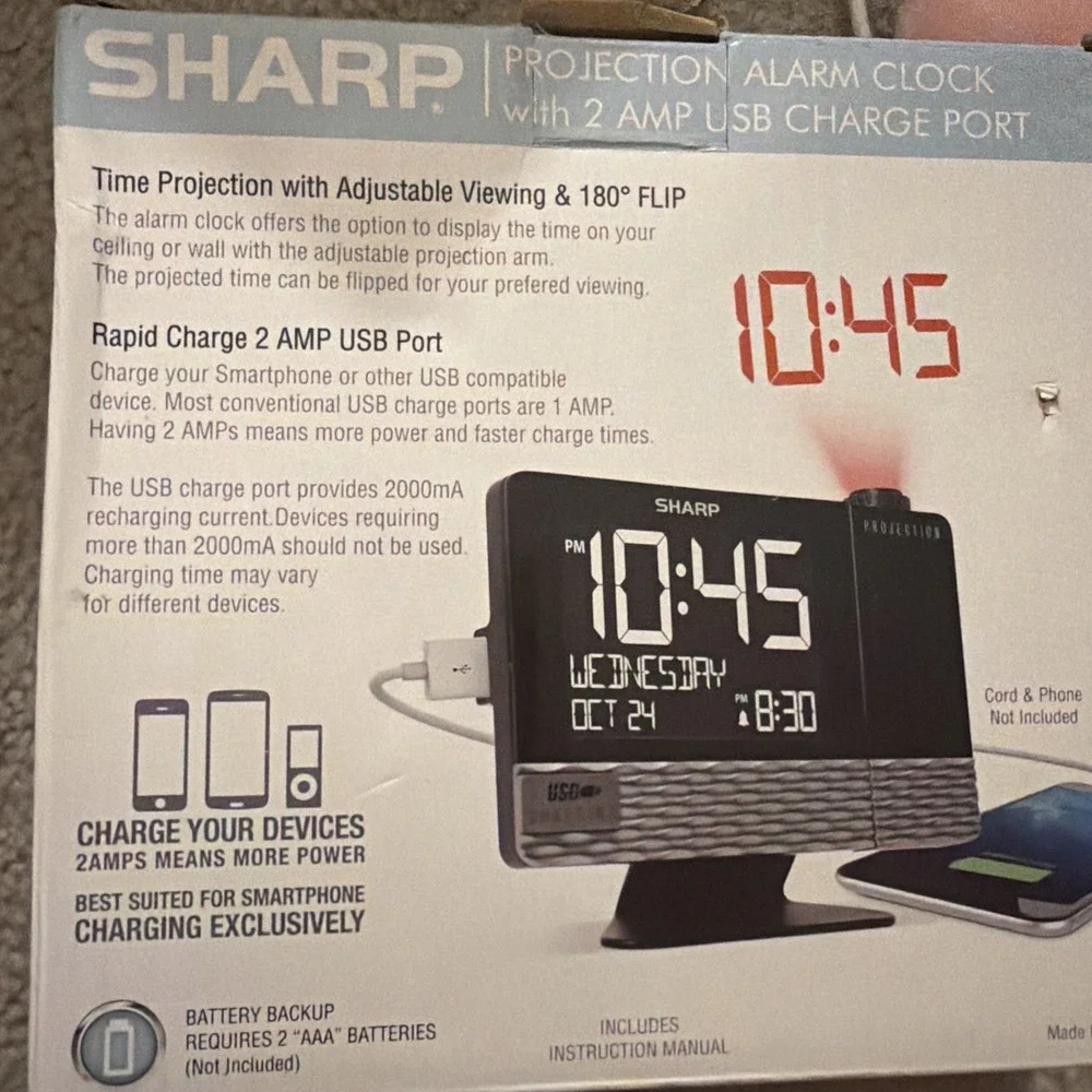 SHARP ALARM CLOCK Time Display Wall Projection w 2Amp USB Charger Port